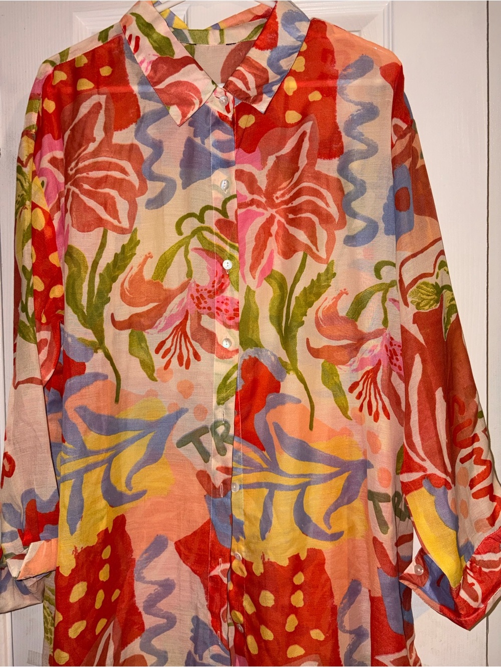 Colorful Abstract Floral Button-Up Tunic Blouse | Lightweight - Picture 2 of 4